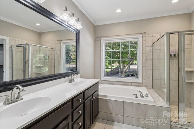 2411 Stoney Run Dr Unit 13, Oakboro, NC 28129 - bathroom featuring a shower stall, a bath, double vanity, tile patterned flooring, and recessed lighting