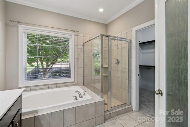 2411 Stoney Run Dr Unit 13, Oakboro, NC 28129 - full bathroom featuring tile patterned floors, a shower stall, a bath, vanity, and ornamental molding