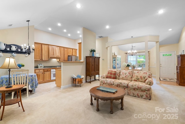 50 Grove End Rd, Fletcher, NC 28732 - living area featuring a chandelier, light carpet, recessed lighting, and vaulted ceiling