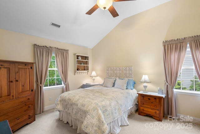 50 Grove End Rd, Fletcher, NC 28732 - bedroom featuring light carpet, lofted ceiling, and a ceiling fan