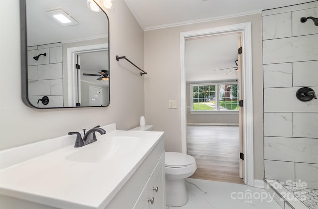 105 Mcgill Ave NW, Concord, NC 28025 - full bath featuring marble look tiles, ceiling fan, vanity, crown molding, and a shower