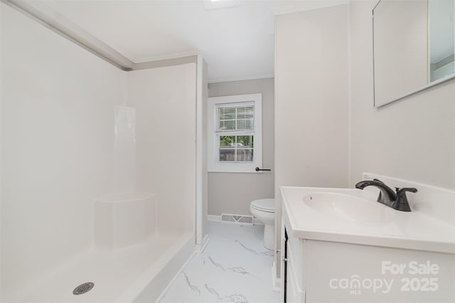 105 Mcgill Ave NW, Concord, NC 28025 - full bathroom featuring marble look tiles, ornamental molding, vanity, and a shower