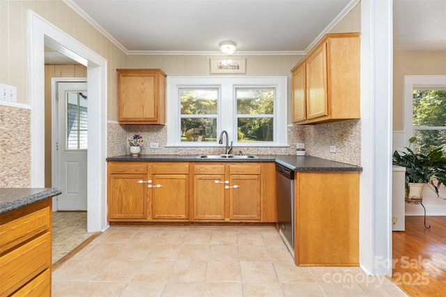 304 W Colonial Dr, Salisbury, NC 28144 - kitchen featuring stainless steel dishwasher, tasteful backsplash, dark countertops, and crown molding