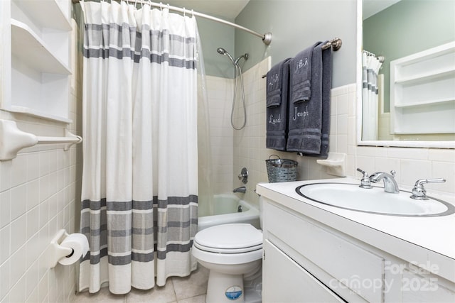 304 W Colonial Dr, Salisbury, NC 28144 - bathroom featuring tile walls, vanity, shower / tub combo with curtain, and tile patterned floors