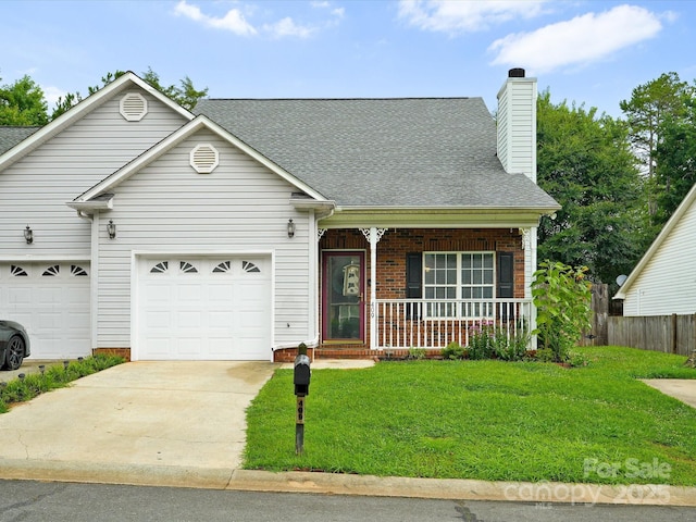 409 Danielle Way, Fort Mill, SC 29715 - view of front facade with covered porch, concrete driveway, a garage, roof with shingles, and a chimney