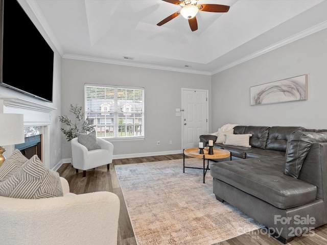 409 Danielle Way, Fort Mill, SC 29715 - living room with wood finished floors, a ceiling fan, a high end fireplace, a raised ceiling, and ornamental molding