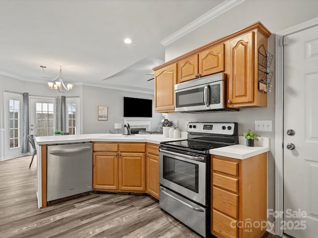 409 Danielle Way, Fort Mill, SC 29715 - kitchen featuring stainless steel appliances, a peninsula, crown molding, light wood finished floors, and light countertops
