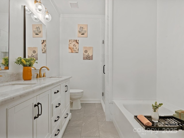 409 Danielle Way, Fort Mill, SC 29715 - bathroom with double vanity, marble look tile flooring, a bath, crown molding, and a shower stall