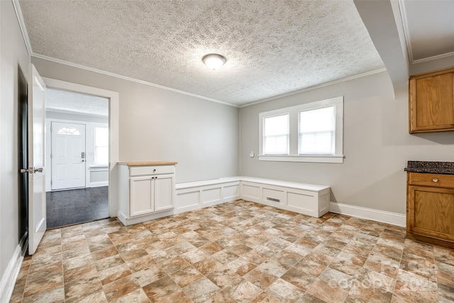 903 Rhode Island Ave, Kannapolis, NC 28083 - unfurnished dining area featuring stone finish flooring, crown molding, a textured ceiling, wainscoting, and a decorative wall