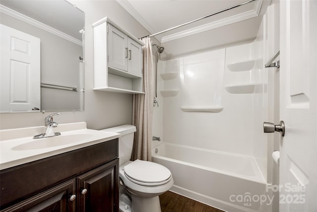 903 Rhode Island Ave, Kannapolis, NC 28083 - bathroom with ornamental molding, shower / bathtub combination with curtain, vanity, and wood finished floors