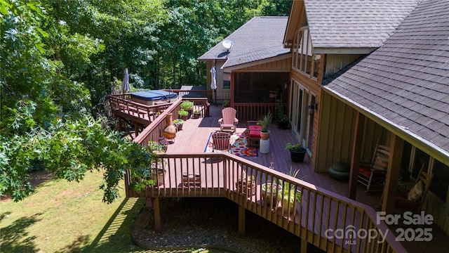270 Foxwood Dr, Tryon, NC 28782 - wooden terrace with a sunroom and outdoor dining area