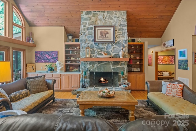 270 Foxwood Dr, Tryon, NC 28782 - living area with light wood finished floors, wooden ceiling, a fireplace, and high vaulted ceiling