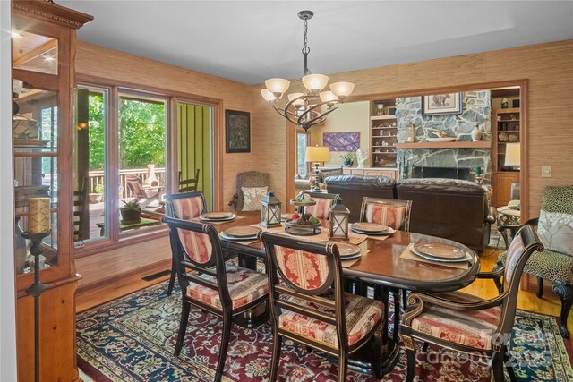 270 Foxwood Dr, Tryon, NC 28782 - dining area with a chandelier, wood finished floors, and wallpapered walls