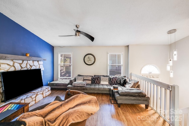 2116 Bon Villa Way, Fort Mill, SC 29708 - living room with wood finished floors, ceiling fan, and a textured ceiling