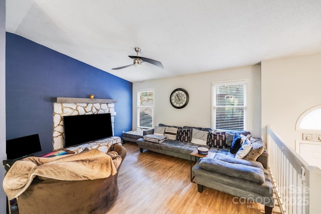 2116 Bon Villa Way, Fort Mill, SC 29708 - living area with wood finished floors, lofted ceiling, ceiling fan, and a fireplace