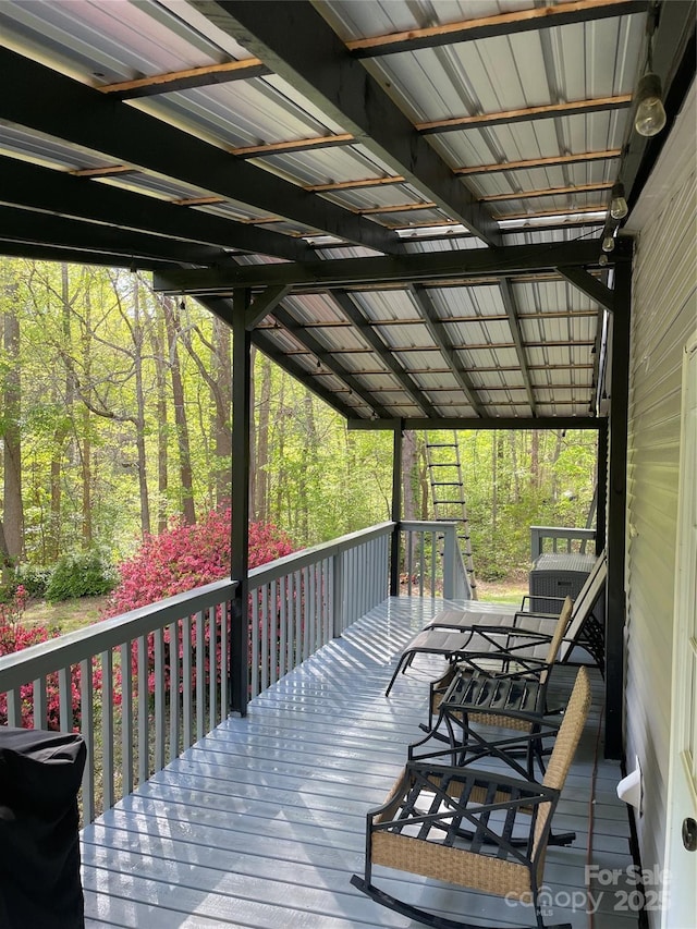6490 Alta Ctr, Denver, NC 28037 - wooden terrace featuring outdoor dining space and a forest view