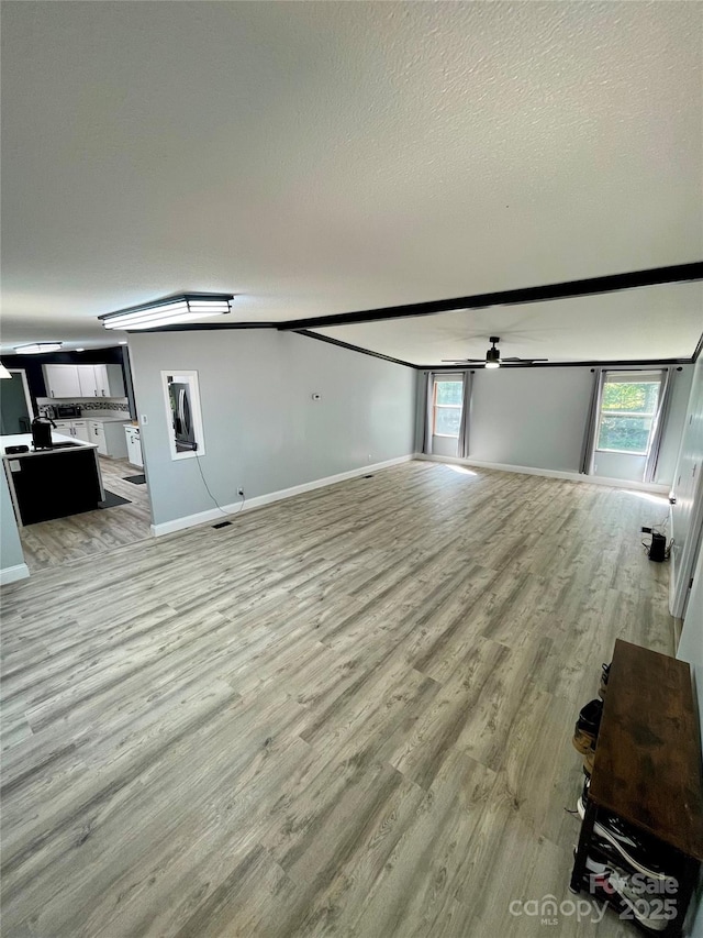 6490 Alta Ctr, Denver, NC 28037 - unfurnished living room featuring light wood-style floors, plenty of natural light, a textured ceiling, and a ceiling fan