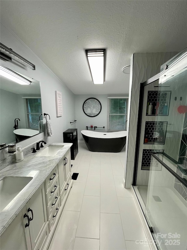 6490 Alta Ctr, Denver, NC 28037 - bathroom with a stall shower, a soaking tub, double vanity, and a textured ceiling
