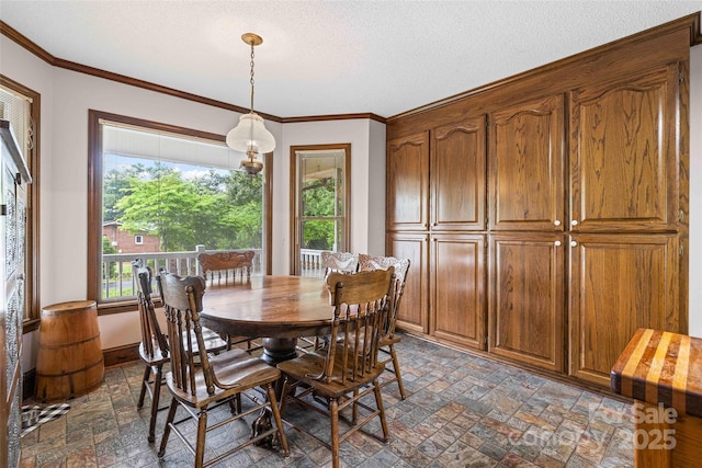 36433 Azalea Cir, New London, NC 28127 - dining area with stone finish floors, plenty of natural light, crown molding, and a textured ceiling