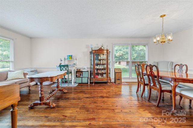 36433 Azalea Cir, New London, NC 28127 - dining area with hardwood / wood-style flooring, a textured ceiling, and a chandelier