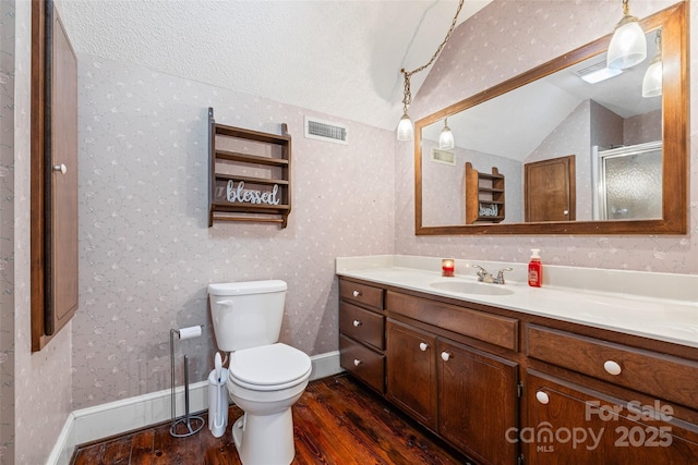 36433 Azalea Cir, New London, NC 28127 - bathroom with wood finished floors, vaulted ceiling, vanity, a shower stall, and a textured ceiling