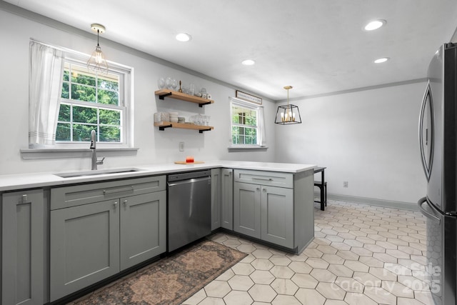 2623 NE 13th St NE, Hickory, NC 28601 - kitchen featuring appliances with stainless steel finishes, gray cabinets, recessed lighting, a peninsula, and light tile patterned floors