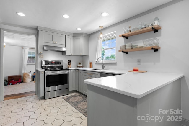 2623 NE 13th St NE, Hickory, NC 28601 - kitchen with electric stove, gray cabinetry, under cabinet range hood, a peninsula, and recessed lighting