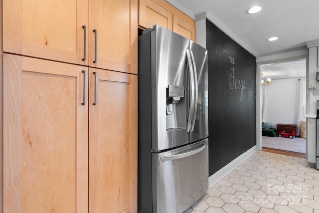 2623 NE 13th St NE, Hickory, NC 28601 - kitchen featuring stainless steel refrigerator with ice dispenser, recessed lighting, light tile patterned flooring, and light brown cabinetry