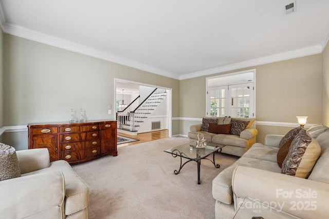 4716 Heatherton Pl, Charlotte, NC 28270 - living room featuring ornamental molding, stairway, and carpet flooring