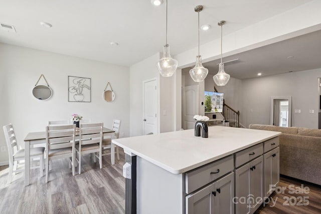 13323 Savaine St, Charlotte, NC 28278 - kitchen featuring gray cabinets, dark wood-type flooring, open floor plan, light countertops, and a center island