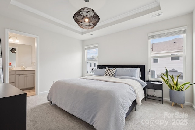 13323 Savaine St, Charlotte, NC 28278 - bedroom featuring a tray ceiling, light carpet, ornamental molding, and multiple windows