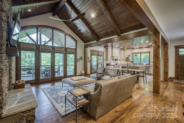 2101 October Dr Unit 150, Nebo, NC 28761 - living area with a wood ceiling with exposed beams, wood finished floors, high vaulted ceiling, french doors, and recessed lighting