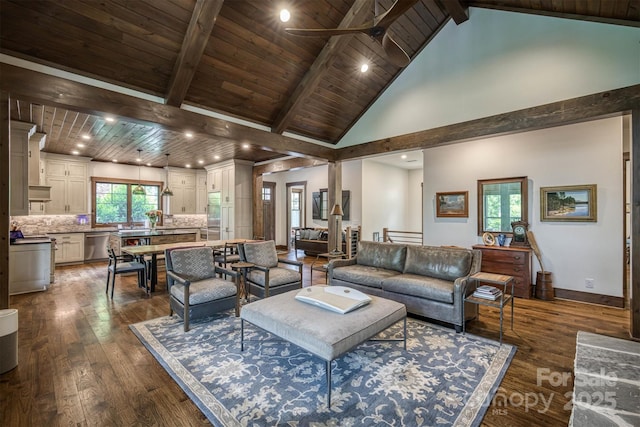 2101 October Dr Unit 150, Nebo, NC 28761 - living room with dark wood-style floors, ceiling fan, a wood ceiling with exposed beams, and high vaulted ceiling
