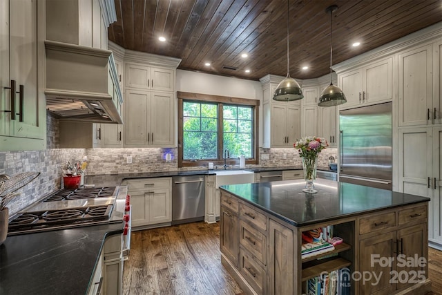 2101 October Dr Unit 150, Nebo, NC 28761 - kitchen with appliances with stainless steel finishes, wooden ceiling, dark wood-style floors, backsplash, and recessed lighting