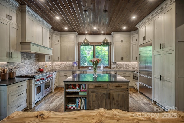 2101 October Dr Unit 150, Nebo, NC 28761 - kitchen with premium appliances, dark countertops, wood finished floors, wood ceiling, and recessed lighting