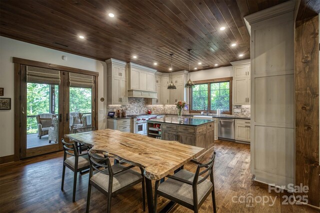 2101 October Dr Unit 150, Nebo, NC 28761 - kitchen featuring wood ceiling, appliances with stainless steel finishes, dark wood-type flooring, a kitchen island, and recessed lighting