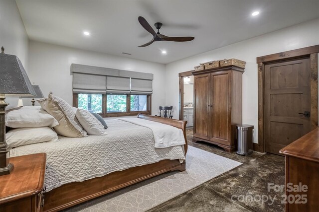 2101 October Dr Unit 150, Nebo, NC 28761 - bedroom featuring recessed lighting, a ceiling fan, and connected bathroom