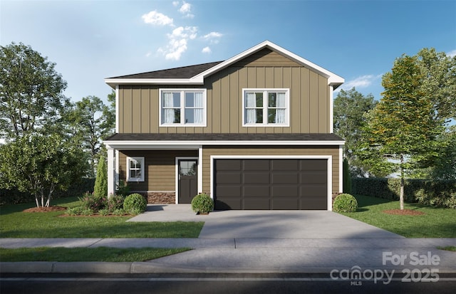 LOT4 Mockingbird Rd, Albemarle, NC 28001 - view of front of property featuring an attached garage, driveway, a front lawn, board and batten siding, and stone siding