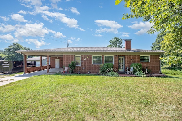 164 Dogtrot Rd, Mocksville, NC 27028 - ranch-style home with an attached carport, a chimney, and a front lawn