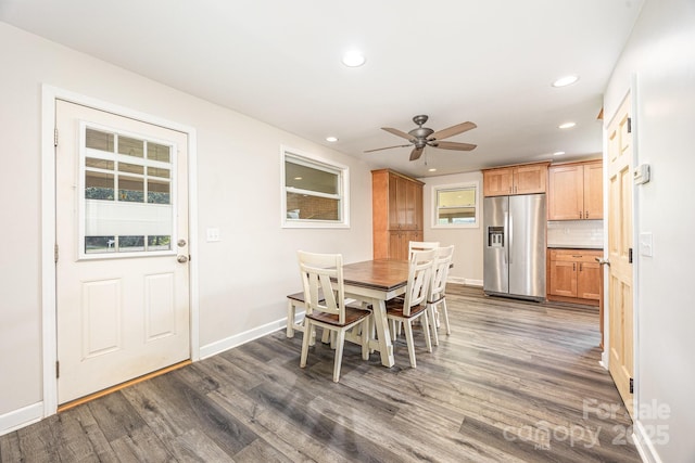 164 Dogtrot Rd, Mocksville, NC 27028 - dining space featuring dark wood-style floors, ceiling fan, and recessed lighting