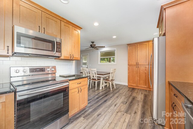 164 Dogtrot Rd, Mocksville, NC 27028 - kitchen with stainless steel appliances, light wood-type flooring, ceiling fan, backsplash, and recessed lighting
