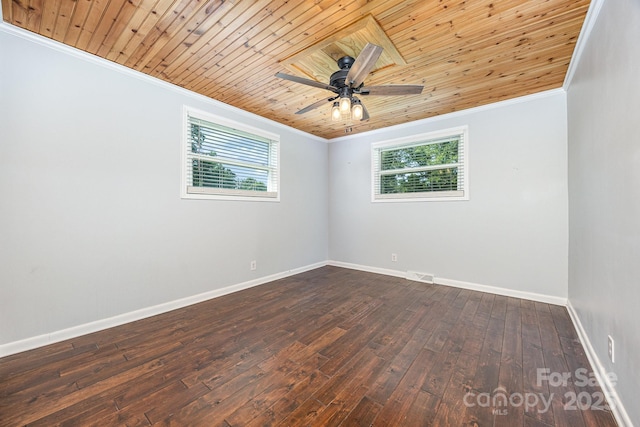 164 Dogtrot Rd, Mocksville, NC 27028 - empty room with ornamental molding, wooden ceiling, plenty of natural light, dark wood-type flooring, and ceiling fan