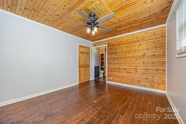 164 Dogtrot Rd, Mocksville, NC 27028 - empty room with crown molding, dark wood-style floors, a ceiling fan, wood ceiling, and wood walls