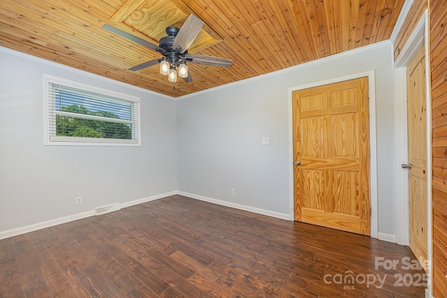164 Dogtrot Rd, Mocksville, NC 27028 - spare room featuring crown molding, ceiling fan, dark wood-style floors, and wooden ceiling