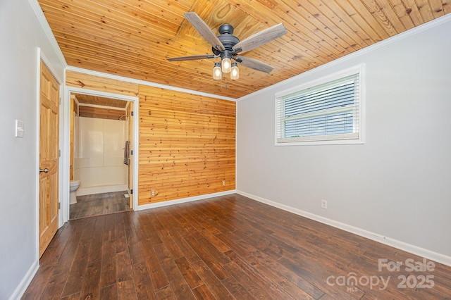 164 Dogtrot Rd, Mocksville, NC 27028 - spare room with wooden ceiling, ceiling fan, ornamental molding, wood-type flooring, and wood walls