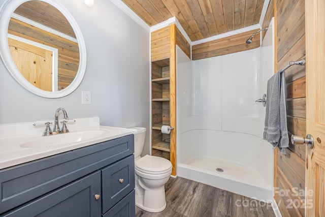 164 Dogtrot Rd, Mocksville, NC 27028 - bathroom featuring wood ceiling, a shower stall, vanity, and wood finished floors