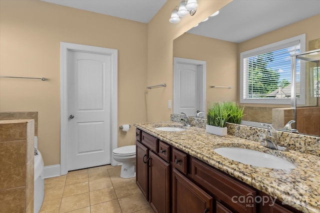 1376 Trafalgar Dr, High Point, NC 27262 - bathroom featuring double vanity, a garden tub, tile patterned flooring, and a shower with shower door