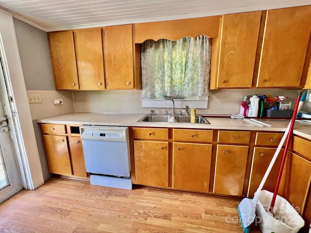 67 N Highland Ave, Granite Falls, NC 28630 - kitchen with white dishwasher, light wood-style floors, light countertops, and brown cabinetry
