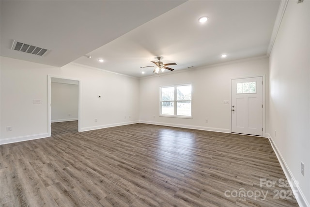 3248 Ferguson Long Rd, York, SC 29745 - unfurnished living room with ornamental molding, ceiling fan, wood finished floors, and recessed lighting