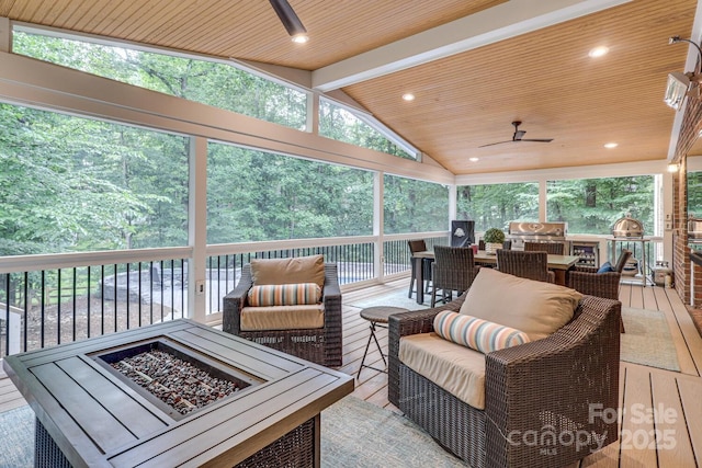 5051 Carillon Way, Charlotte, NC 28270 - deck with ceiling fan, an outdoor living space with a fire pit, and grilling area